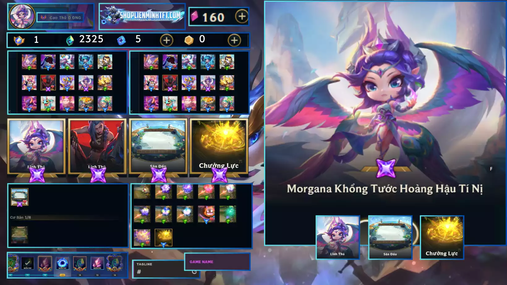 Combo Morgana Bồng Lai Chưởng  - Dư 1 Huy Chương - 3 Tím - 2 Pet Tím - 1 Sàn Tím - Dư 2325 Pha Lê - 1 Tí Nị Thường - 0 Sàn Đỏ - Chưởng Lực Như Ảnh - Còn Đổi Tên - Rank TFT Cao Thủ